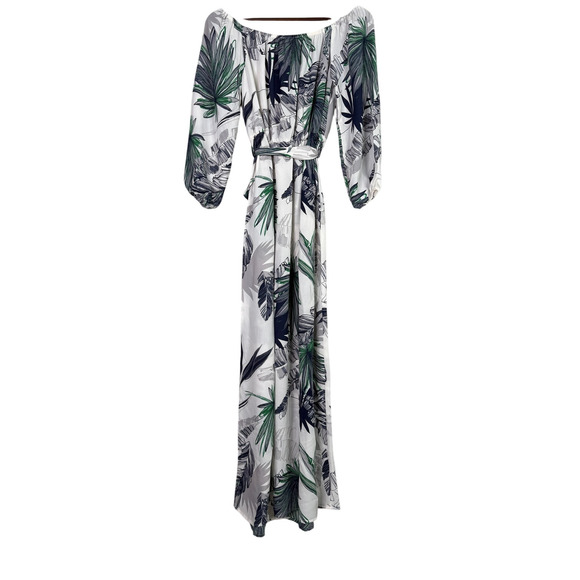 NEW Boho Tropical Palm Print Off Shoulder Maxi Dress 3/4 Sleeve TieWaist L White - Picture 12 of 15